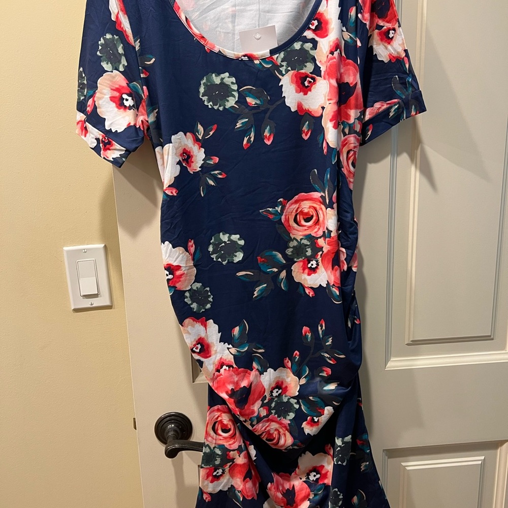 Pink and Blue Casual Maxi Dress with 3/4 Raglan Sleeves